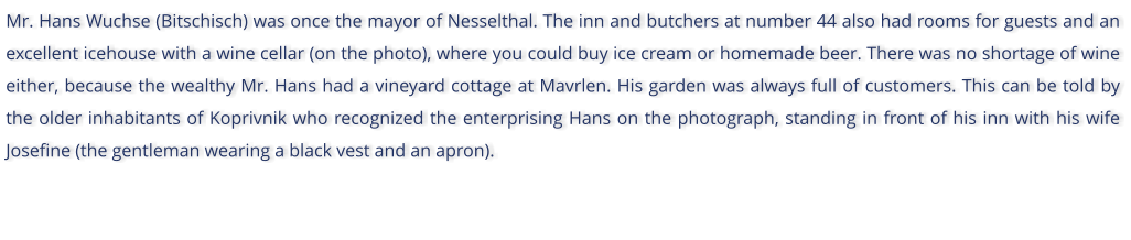 Mr. Hans Wuchse (Bitschisch) was once the mayor of Nesselthal. The inn and butchers at number 44 also had rooms for guests and an excellent icehouse with a wine cellar (on the photo), where you could buy ice cream or homemade beer. There was no shortage of wine either, because the wealthy Mr. Hans had a vineyard cottage at Mavrlen. His garden was always full of customers. This can be told by the older inhabitants of Koprivnik who recognized the enterprising Hans on the photograph, standing in front of his inn with his wife Josefine (the gentleman wearing a black vest and an apron).